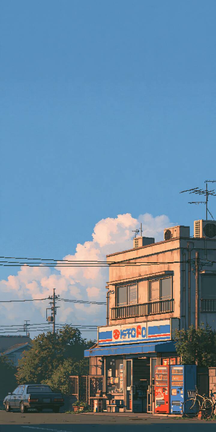 A two-story old store building on quiet Japanese residential street. Two colorful drink vending machines stand beside the entrance. A vintage sedan parks on the road, huge fluffy summer clouds floating in the vast bright blue sky. Warm sunset light casts soft shadows. | pixel art nostalgic aesthetic vending machines old corner shop vintage sedan A two-story old store building on quiet Japanese residential street. Two colorful drink vending machines stand beside the entrance. A vintage sedan parks on the road, huge fluffy summer clouds floating in the vast bright blue sky. Warm sunset light casts soft shadows.