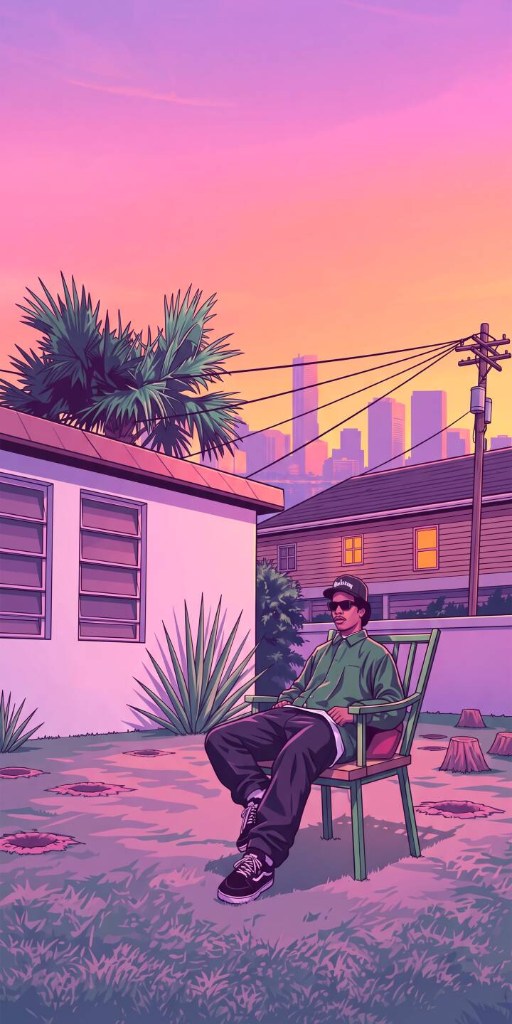 Under a striking pastel pink and orange sunset, a relaxed figure resembling Ryder, complete with a cap and sunglasses, sits casually in a backyard chair, making for an aesthetic 4K wallpaper for your iPhone. This unique urban landscape wallpaper perfectly blends chill vibes with an iconic look. | rapper illustration sunset urban iphone wallpaper pastel mobile 4k wallpaper hd wallpaper vaporwave ryder eazy-e Under a striking pastel pink and orange sunset, a relaxed figure resembling Ryder, complete with a cap and sunglasses, sits casually in a backyard chair, making for an aesthetic 4K wallpaper for your iPhone. This unique urban landscape wallpaper perfectly blends chill vibes with an iconic look.