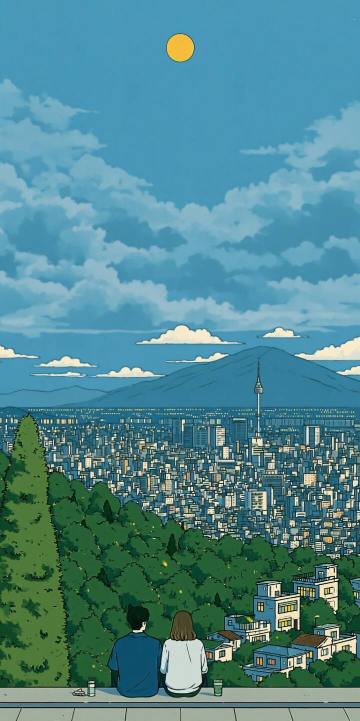 Vertical illustration wallpaper. A couple sits side by side on the terrace, looking down at the sprawling city. Tower, city buildings and a big mountain stretch into the distance, round sun and layered clouds float in the bright blue sky. | couple illustration city view mountain cumulus cloud Vertical illustration wallpaper. A couple sits side by side on the terrace, looking down at the sprawling city. Tower, city buildings and a big mountain stretch into the distance, round sun and layered clouds float in the bright blue sky.
