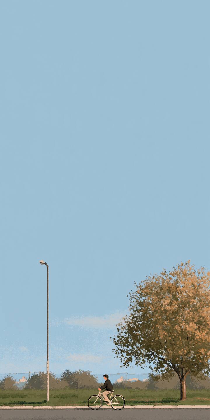 Pixel illustration of a man riding a bicycle along the roadside. A tall street lamp and autumn tree stand beside the road, with vast pale blue sky above. | tree bicycle road blue sky pixelart Pixel illustration of a man riding a bicycle along the roadside. A tall street lamp and autumn tree stand beside the road, with vast pale blue sky above.
