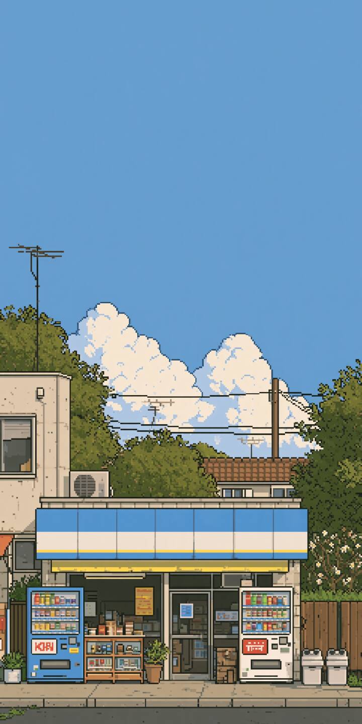 A cozy corner convenience store on a quiet residential street. Two colorful drink vending machines stand at the entrance. Lush trees and fluffy summer clouds fill the background under a vast clear cerulean sky. | pixel art convenience store bright blue sky vending machines residential street A cozy corner convenience store on a quiet residential street. Two colorful drink vending machines stand at the entrance. Lush trees and fluffy summer clouds fill the background under a vast clear cerulean sky.