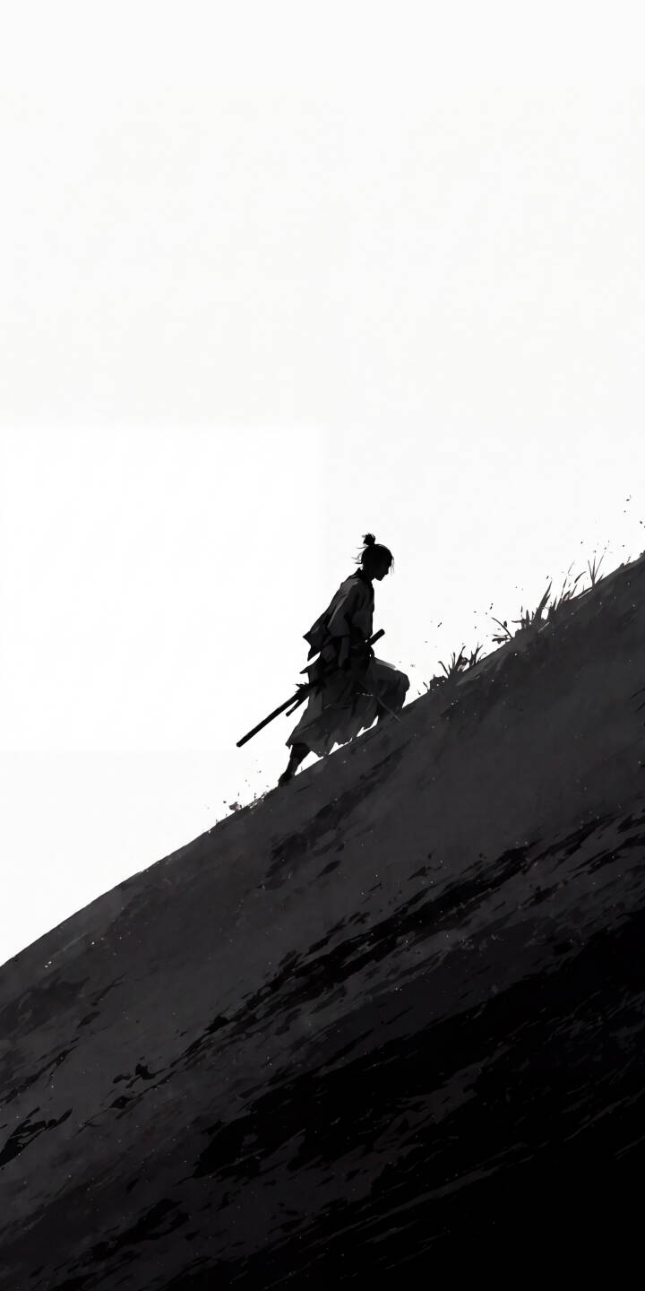 A lone samurai's dark silhouette ascends a steep, rugged hill against a minimalist white background, portraying a journey of stoic determination in this striking 4K wallpaper; it's an ideal monochrome wallpaper for iPhone users who appreciate stark, powerful imagery. | samurai warrior iphone wallpaper silhouette mobile japanese art 4k wallpaper hd wallpaper monochrome ronin A lone samurai's dark silhouette ascends a steep, rugged hill against a minimalist white background, portraying a journey of stoic determination in this striking 4K wallpaper; it's an ideal monochrome wallpaper for iPhone users who appreciate stark, powerful imagery.