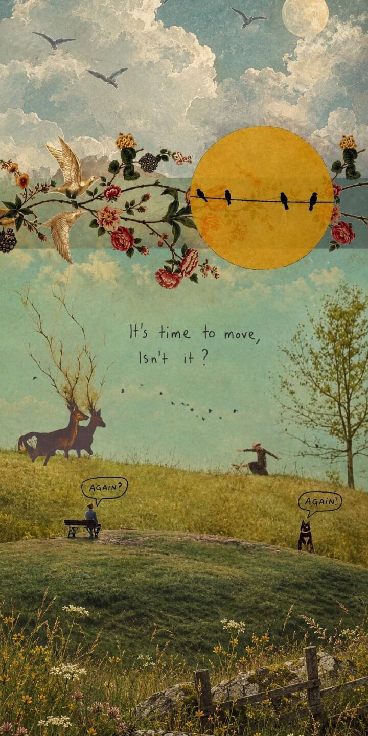 A surreal, whimsical collage featuring a deer with branch antlers and the introspective text 'It's time to move, Isn't it?' under a vibrant yellow sun makes for a thought-provoking 4K wallpaper perfect for iPhone. This unique wallpaper artfully combines natural elements like flying birds and delicate floral branches with human and animal figures in a dreamlike landscape. | iphone deer birds wallpaper mobile whimsical 4k wallpaper hd wallpaper dreamy surreal collage art nature scene A surreal, whimsical collage featuring a deer with branch antlers and the introspective text 'It's time to move, Isn't it?' under a vibrant yellow sun makes for a thought-provoking 4K wallpaper perfect for iPhone. This unique wallpaper artfully combines natural elements like flying birds and delicate floral branches with human and animal figures in a dreamlike landscape.
