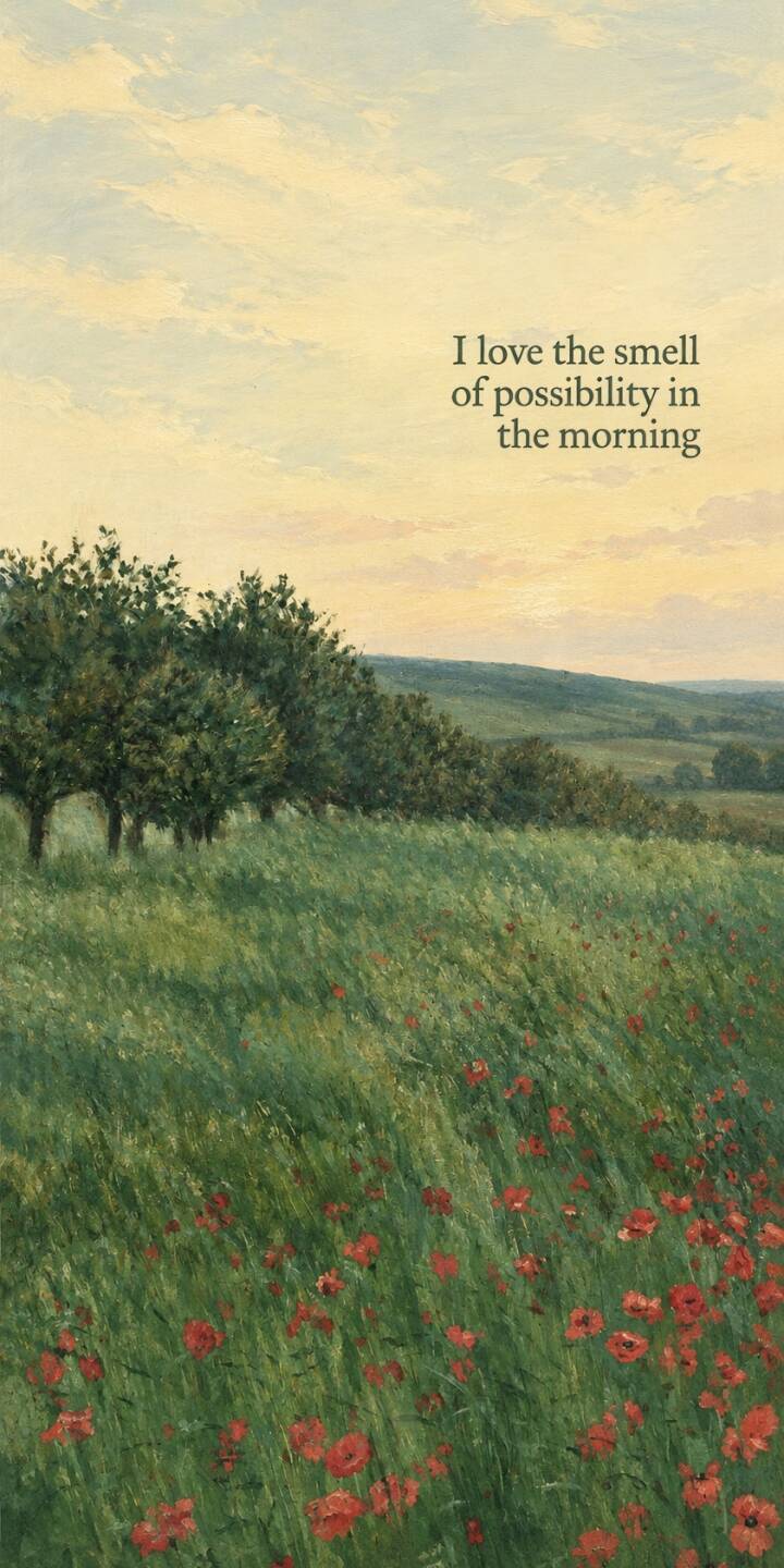 The inspiring text "I love the smell of possibility in the morning" floats above a serene landscape of vibrant red poppies in a lush green field, creating an uplifting 4K wallpaper. This picturesque morning scene, complete with distant trees and a soft yellow sky, makes for a perfect wallpaper for your iPhone. | field landscape quote iphone nature wallpaper mobile 4k wallpaper hd wallpaper poppies serene inspirational The inspiring text "I love the smell of possibility in the morning" floats above a serene landscape of vibrant red poppies in a lush green field, creating an uplifting 4K wallpaper. This picturesque morning scene, complete with distant trees and a soft yellow sky, makes for a perfect wallpaper for your iPhone.