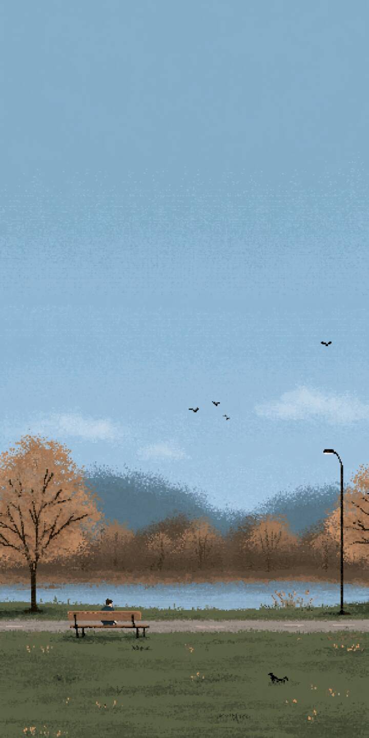 Pixel art autumn lakeside scene. A person sits quietly on a wooden bench by the lake, a small dog plays on the grass. Golden autumn trees, distant misty mountains and flying birds under the pale blue sky. | aesthetic autumn pixel art solitude peaceful Pixel art autumn lakeside scene. A person sits quietly on a wooden bench by the lake, a small dog plays on the grass. Golden autumn trees, distant misty mountains and flying birds under the pale blue sky.