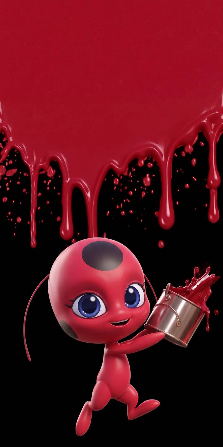 Vibrant red paint drips playfully from the top of this striking 4K wallpaper as Tikki, the Ladybug kwami, holds a can filled with the same bright color on a sleek black background — a perfect iPhone wallpaper for fans of Miraculous. | red animated cute iphone paint wallpaper mobile 4k wallpaper hd wallpaper miraculous ladybug tikki kwami Vibrant red paint drips playfully from the top of this striking 4K wallpaper as Tikki, the Ladybug kwami, holds a can filled with the same bright color on a sleek black background — a perfect iPhone wallpaper for fans of Miraculous.