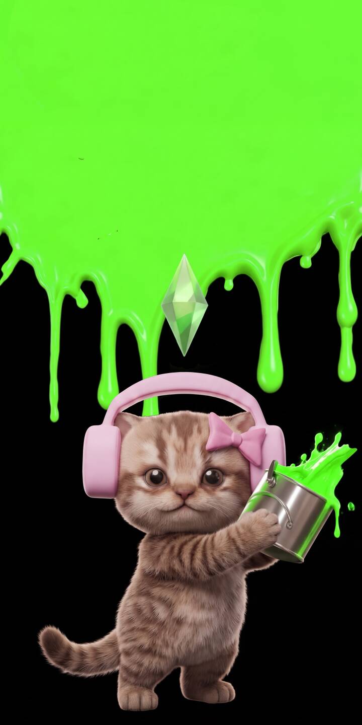 Vibrant neon green paint drips from the top, framing an adorable tabby kitten wearing pink headphones and a bow, playfully holding a bucket of splashing green paint beneath a glowing Sims Plumbob. This 4K wallpaper offers a charming and unique look for your iPhone, perfect for cat and gaming fans. | green cat neon cute iphone wallpaper kitten mobile 4k wallpaper hd wallpaper sims plumbob Vibrant neon green paint drips from the top, framing an adorable tabby kitten wearing pink headphones and a bow, playfully holding a bucket of splashing green paint beneath a glowing Sims Plumbob. This 4K wallpaper offers a charming and unique look for your iPhone, perfect for cat and gaming fans.