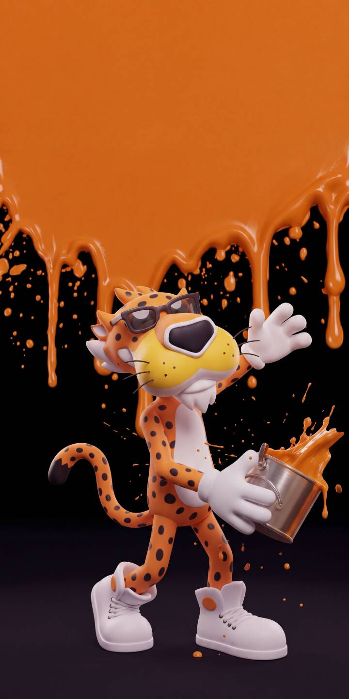 Striking orange paint drips cascade from above, as a sunglasses-wearing Chester Cheetah spills a bucket of bright orange liquid amidst energetic splatters. This vibrant 4K wallpaper offers a bold and fun look for your iPhone, an eye-catching wallpaper for fans. | cartoon iphone wallpaper vibrant mobile 4k wallpaper hd wallpaper paint splatter orange paint chester cheetah cheetos Striking orange paint drips cascade from above, as a sunglasses-wearing Chester Cheetah spills a bucket of bright orange liquid amidst energetic splatters. This vibrant 4K wallpaper offers a bold and fun look for your iPhone, an eye-catching wallpaper for fans.