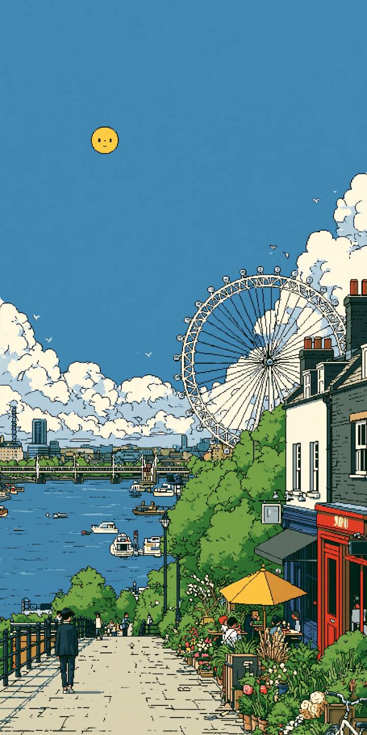 Vibrant pixel artwork of a sunny riverside city scene. A cute simple sun hangs in clear blue sky, huge ferris wheel rises above the town, pedestrians walk along the stone street beside river with cafes and blooming plants. | city river summer pixel art ferris wheel Vibrant pixel artwork of a sunny riverside city scene. A cute simple sun hangs in clear blue sky, huge ferris wheel rises above the town, pedestrians walk along the stone street beside river with cafes and blooming plants.