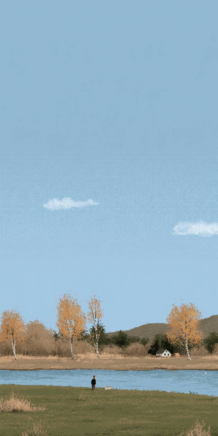 A minimalist pixel scene of a person walking with a small dog beside a quiet lake. Golden autumn birch trees stand on the far bank, faint hills and a tiny cottage under the pale blue sky, full of peaceful rural charm. | aesthetic lake autumn pixel art solitude A minimalist pixel scene of a person walking with a small dog beside a quiet lake. Golden autumn birch trees stand on the far bank, faint hills and a tiny cottage under the pale blue sky, full of peaceful rural charm.