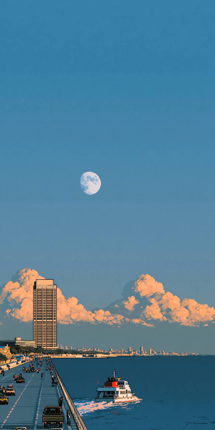 Pixel art coastal city scene. A seaside road with traffic and pedestrians, a white ferry sailing on the sea. A bright full moon hangs high in the clear blue sky, and warm orange clouds float behind tall skyscrapers. | aesthetic sea pixel art sunset clouds coastal city Pixel art coastal city scene. A seaside road with traffic and pedestrians, a white ferry sailing on the sea. A bright full moon hangs high in the clear blue sky, and warm orange clouds float behind tall skyscrapers.
