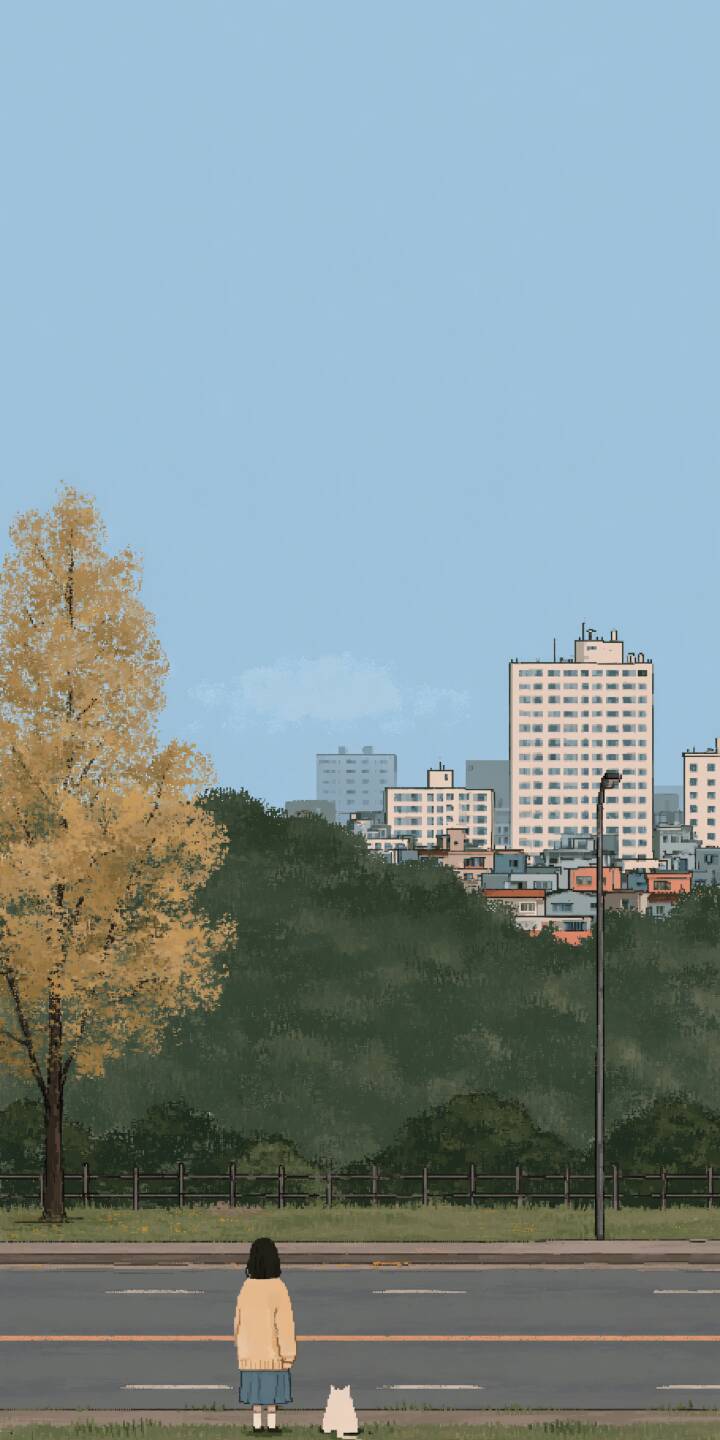 A quiet illustration of a girl standing on the grass with a white cat beside her. They gaze toward the city buildings beyond the road, with golden ginkgo trees and soft pale blue sky, full of gentle tranquility. | illustration girl cat autumn ginkgo A quiet illustration of a girl standing on the grass with a white cat beside her. They gaze toward the city buildings beyond the road, with golden ginkgo trees and soft pale blue sky, full of gentle tranquility.