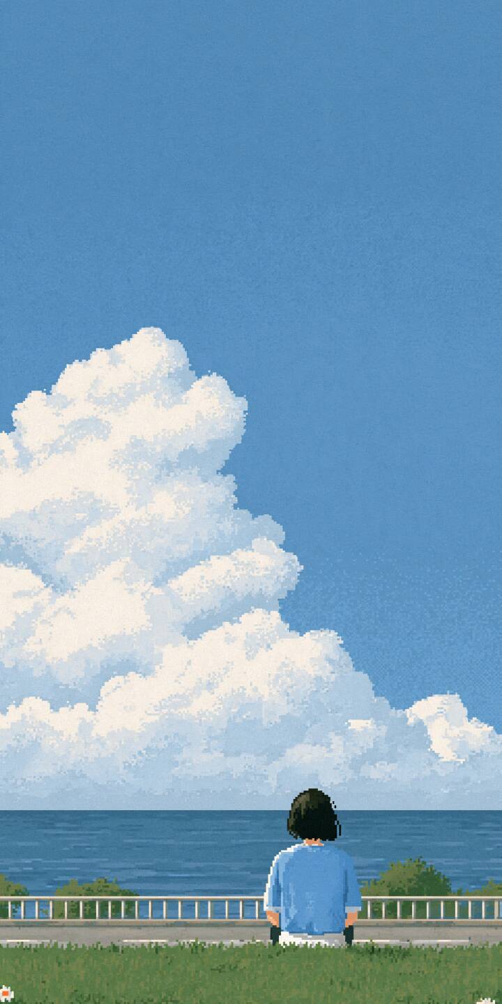 Pixel artwork of a girl sitting on the grass facing the ocean. Huge fluffy summer clouds rise above the sea, small white flowers grow around her, quiet and relaxing atmosphere. | girl sea summer pixel art big cloud Pixel artwork of a girl sitting on the grass facing the ocean. Huge fluffy summer clouds rise above the sea, small white flowers grow around her, quiet and relaxing atmosphere.