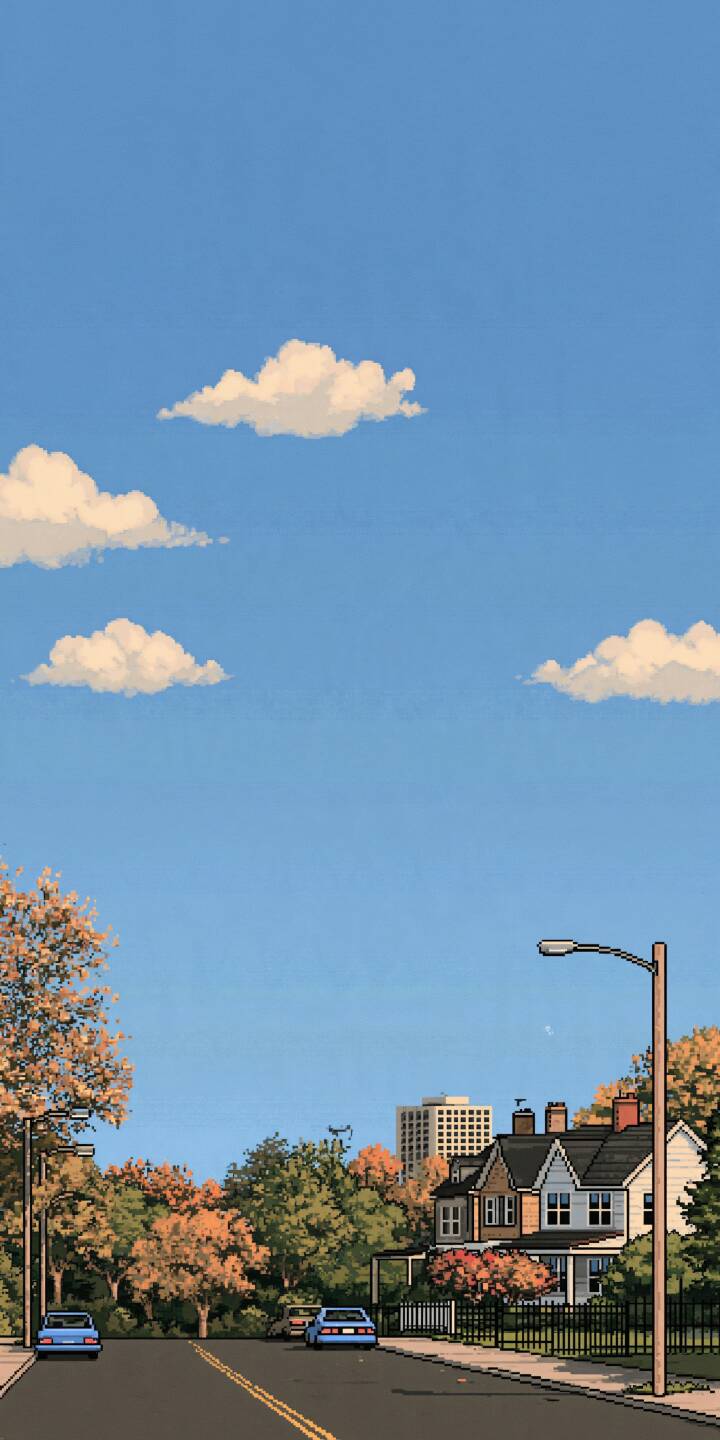 Pixel art of a quiet suburban street in autumn. Warm-toned autumn foliage surrounds the residential houses, old cars parked along the road, soft white clouds floating on the clear blue sky. | autumn houses trees pixel art suburb Pixel art of a quiet suburban street in autumn. Warm-toned autumn foliage surrounds the residential houses, old cars parked along the road, soft white clouds floating on the clear blue sky.