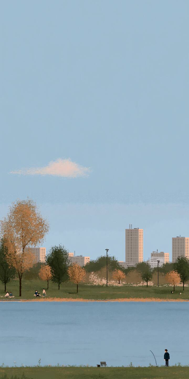 A quiet autumn lakeside scene. A man stands fishing on the grassy bank, people relax on the lawn beneath golden trees, with residential high-rises in the distant backdrop under a pale blue sky. | aesthetic illustration autumn solitude soft A quiet autumn lakeside scene. A man stands fishing on the grassy bank, people relax on the lawn beneath golden trees, with residential high-rises in the distant backdrop under a pale blue sky.