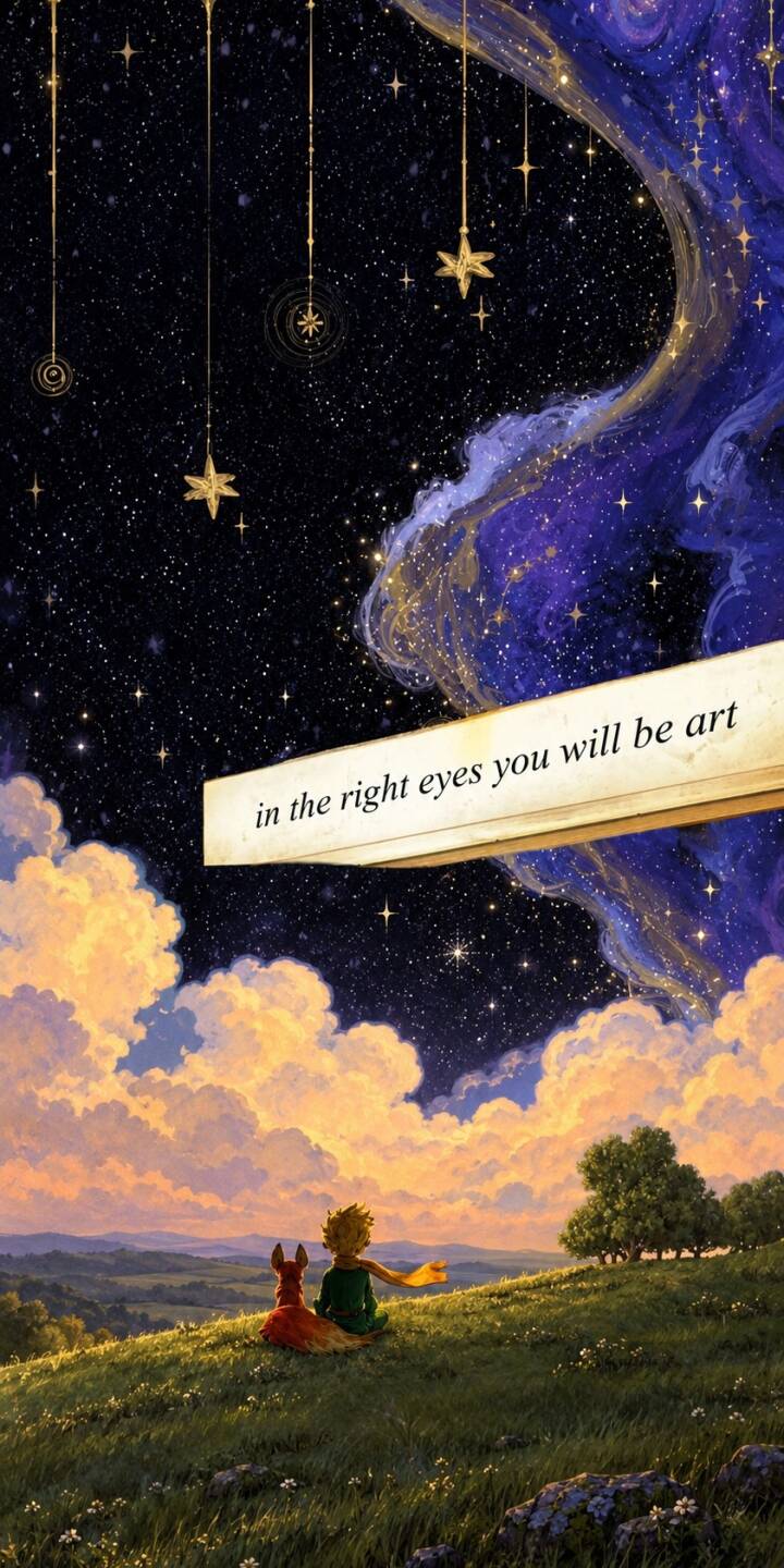 Golden wisps of a cosmic nebula swirl above a serene landscape where the Little Prince and his fox companion gaze at hanging stars, making this an enchanting 4K wallpaper for your iPhone. This magical Little Prince wallpaper, featuring the poignant quote "in the right eyes you will be art," promises a touch of whimsy and wonder. | aesthetic quote night sky iphone stars wallpaper fox mobile 4k wallpaper hd wallpaper dreamy little prince Golden wisps of a cosmic nebula swirl above a serene landscape where the Little Prince and his fox companion gaze at hanging stars, making this an enchanting 4K wallpaper for your iPhone. This magical Little Prince wallpaper, featuring the poignant quote "in the right eyes you will be art," promises a touch of whimsy and wonder.