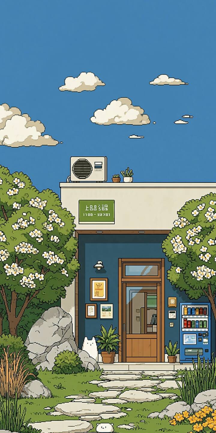 A lovely pixel art scene of a small quiet shop on a bright summer day. Lush green trees with white blossoms surround the building, cute little animals hide in the garden under blue sky and fluffy white clouds. | cozy garden pixel art peaceful shop A lovely pixel art scene of a small quiet shop on a bright summer day. Lush green trees with white blossoms surround the building, cute little animals hide in the garden under blue sky and fluffy white clouds.