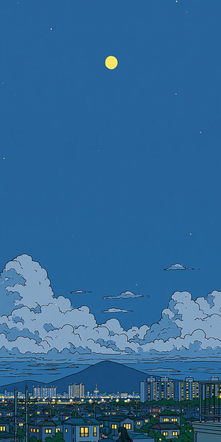 Two people sit quietly on the rooftop overlooking the town. Bright full moon and scattered stars hang in the deep blue night sky, glowing house lights spread across the residential area with distant mountains behind. | couple illustration night moon rooftop Two people sit quietly on the rooftop overlooking the town. Bright full moon and scattered stars hang in the deep blue night sky, glowing house lights spread across the residential area with distant mountains behind.