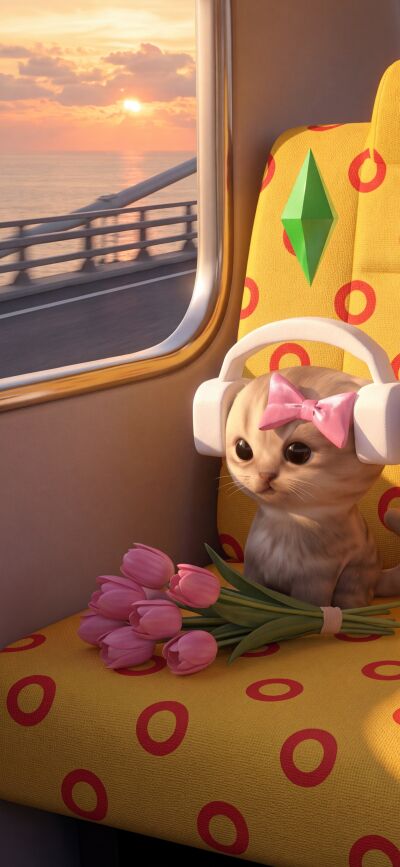 A precious kitten wearing a pink bow and headphones gazes out a window with pink tulips on the seat beside her, captured in stunning 4K detail. This adorable cat wallpaper is perfect as part of a matching iPhone wallpaper set, creating a seamless background with its companion image.