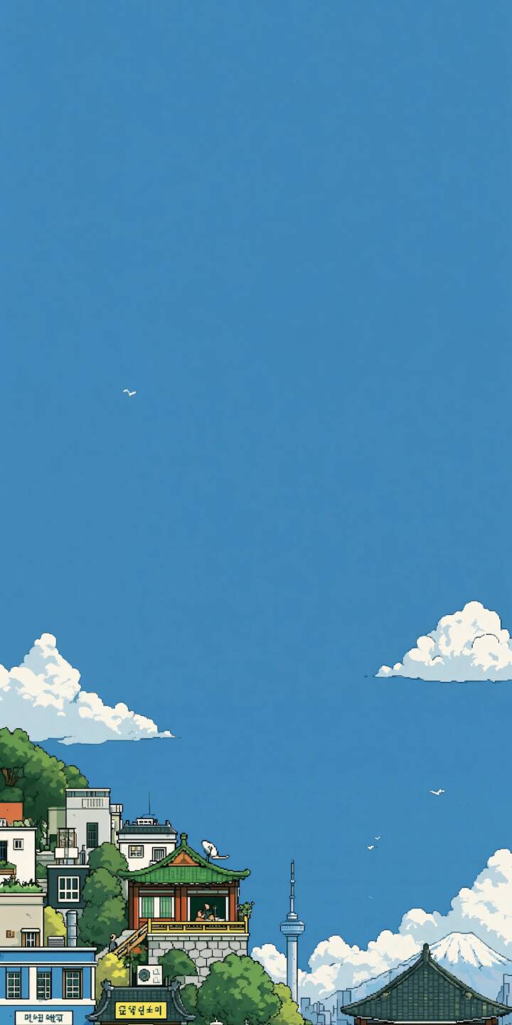Bright pixel art townscape mixing ancient traditional architecture and modern city landmarks. Lush green trees fill the streets, big white cumulus clouds float in the vast vivid blue sky, tiny birds fly in the air. | town blue sky pixel art modern city traditional buildings Bright pixel art townscape mixing ancient traditional architecture and modern city landmarks. Lush green trees fill the streets, big white cumulus clouds float in the vast vivid blue sky, tiny birds fly in the air.