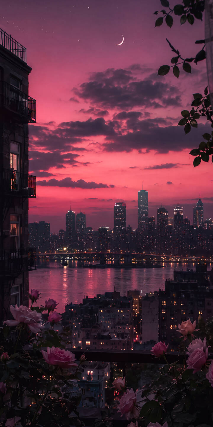 The sky blazes with a vibrant magenta and crimson hue above a silhouetted city skyline, bathed in the soft glow of a crescent moon and distant city lights reflected on the water in this stunning 4K wallpaper. This atmospheric urban wallpaper is perfect for any iPhone. | aesthetic sunset urban moon iphone wallpaper mobile 4k wallpaper hd wallpaper pink sky cityscape The sky blazes with a vibrant magenta and crimson hue above a silhouetted city skyline, bathed in the soft glow of a crescent moon and distant city lights reflected on the water in this stunning 4K wallpaper. This atmospheric urban wallpaper is perfect for any iPhone.