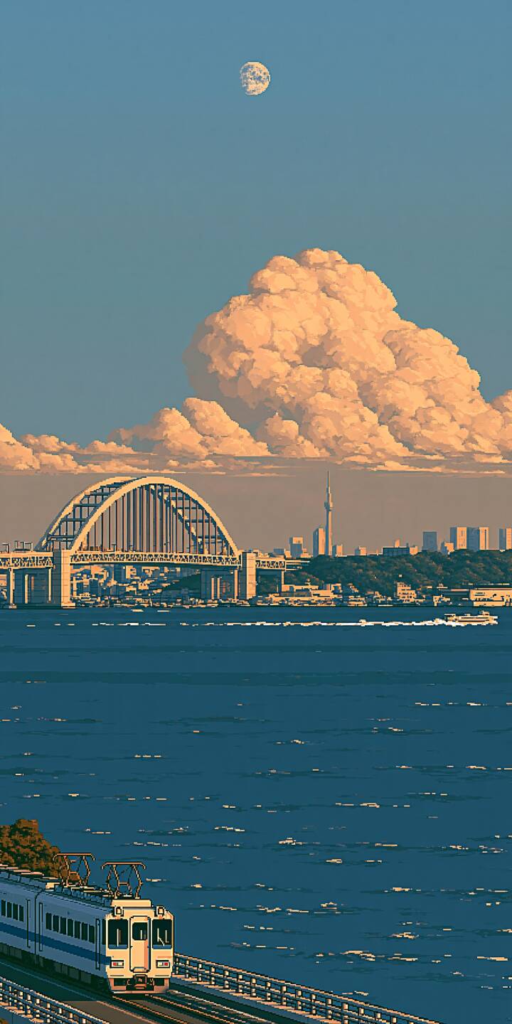 Pixel art city seascape. A commuter train travels along the waterfront track. Giant warm-toned clouds float in the blue sky, a full moon hangs overhead, with arch bridge and city skyline across the bay. | city train bridge pixel art bay Pixel art city seascape. A commuter train travels along the waterfront track. Giant warm-toned clouds float in the blue sky, a full moon hangs overhead, with arch bridge and city skyline across the bay.
