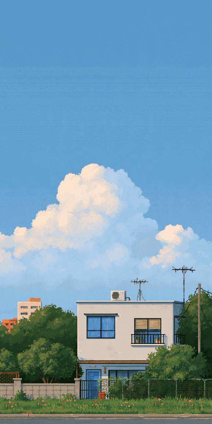 Pixel artwork of a quiet two-story white house on the street. A huge fluffy summer cloud rises behind the building, surrounded by lush green trees and wildflowers under clear bright blue sky. | house summer blue sky pixel art big cloud Pixel artwork of a quiet two-story white house on the street. A huge fluffy summer cloud rises behind the building, surrounded by lush green trees and wildflowers under clear bright blue sky.