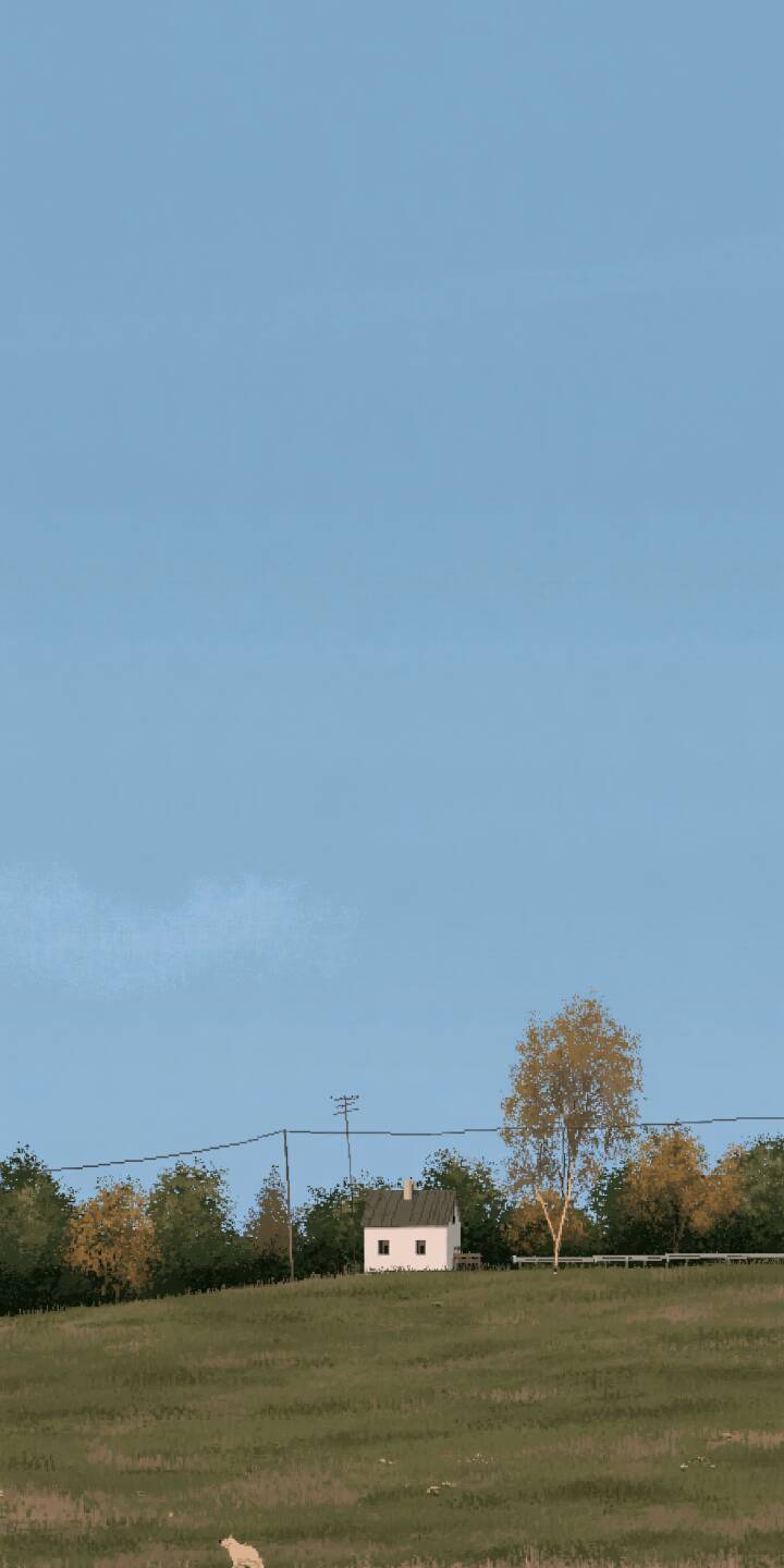 Minimal pixel art scenery, a small white house quietly standing on the green grass hill. A white dog wanders in the meadow, autumn trees and power lines under vast pale blue sky, serene pastoral vibe. | dog house autumn pixel art meadow Minimal pixel art scenery, a small white house quietly standing on the green grass hill. A white dog wanders in the meadow, autumn trees and power lines under vast pale blue sky, serene pastoral vibe.