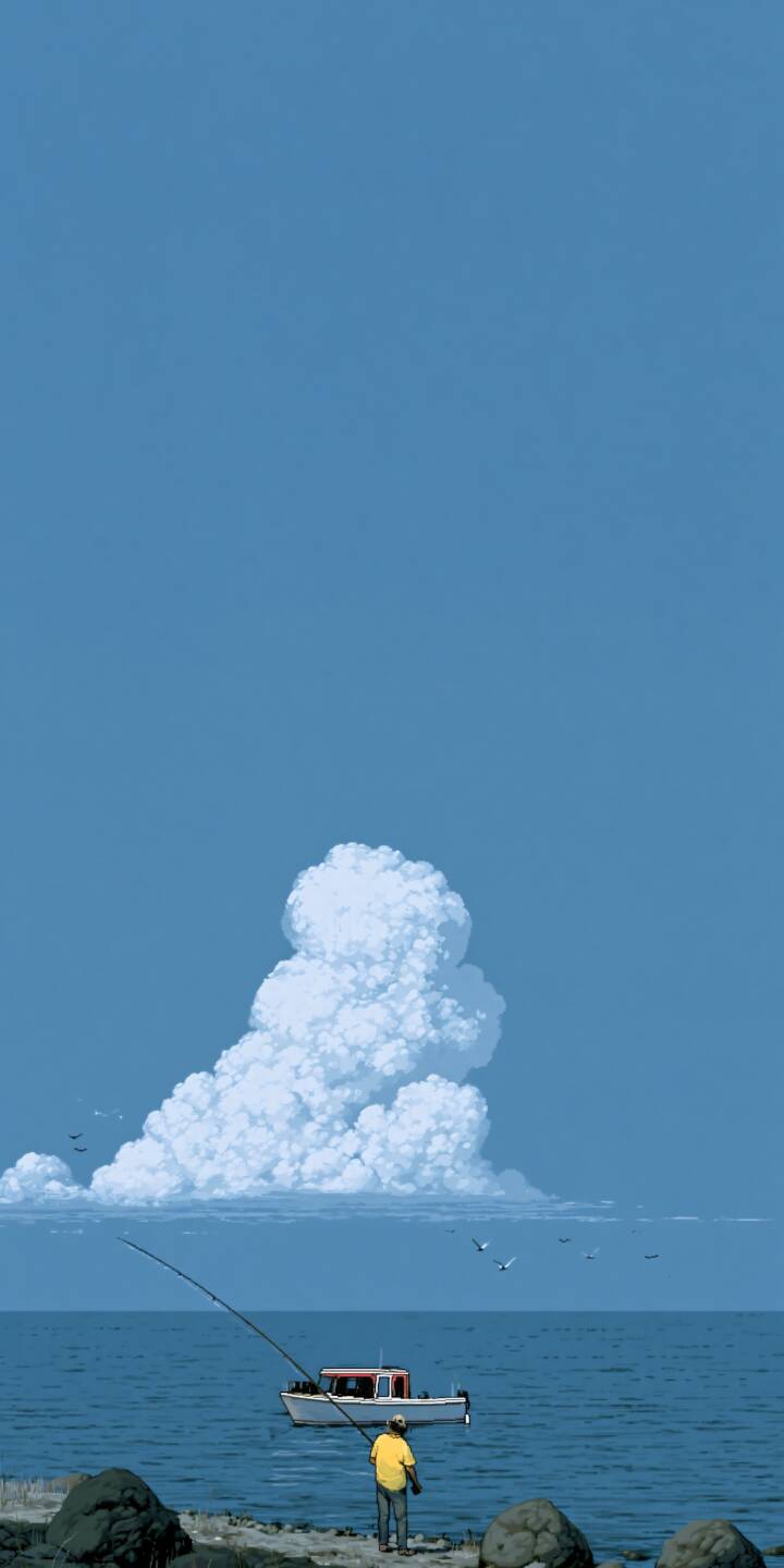 A fisherman in yellow shirt stands on rocky shore fishing. A small boat floats on the quiet sea, huge fluffy summer cumulus cloud rises in the clear blue sky, seagulls fly gently over the water. | illustration summer ocean fishing cumulus cloud A fisherman in yellow shirt stands on rocky shore fishing. A small boat floats on the quiet sea, huge fluffy summer cumulus cloud rises in the clear blue sky, seagulls fly gently over the water.
