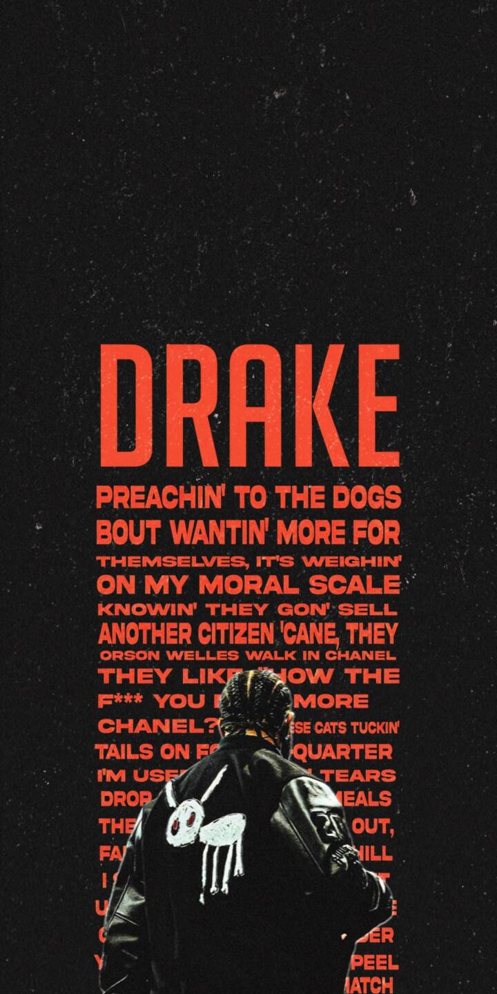Bold red text announces 'DRAKE' above a figure from behind wearing a distinct white sheep-logoed leather jacket in this 4K wallpaper, set against a dark, textured background filled with stylized lyrics — an essential iPhone wallpaper for fans. | drake Bold red text announces 'DRAKE' above a figure from behind wearing a distinct white sheep-logoed leather jacket in this 4K wallpaper, set against a dark, textured background filled with stylized lyrics — an essential iPhone wallpaper for fans.