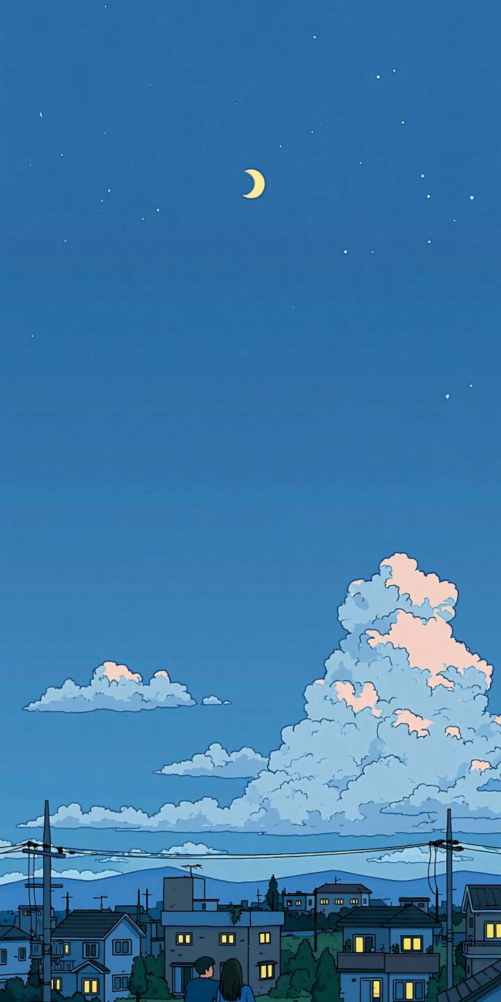 A quiet pixel art night scene, a couple sits on the rooftop watching crescent moon and stars above the small town, soft pink-tinted clouds floating in deep blue sky. | couple night sky town clouds pixel art A quiet pixel art night scene, a couple sits on the rooftop watching crescent moon and stars above the small town, soft pink-tinted clouds floating in deep blue sky.
