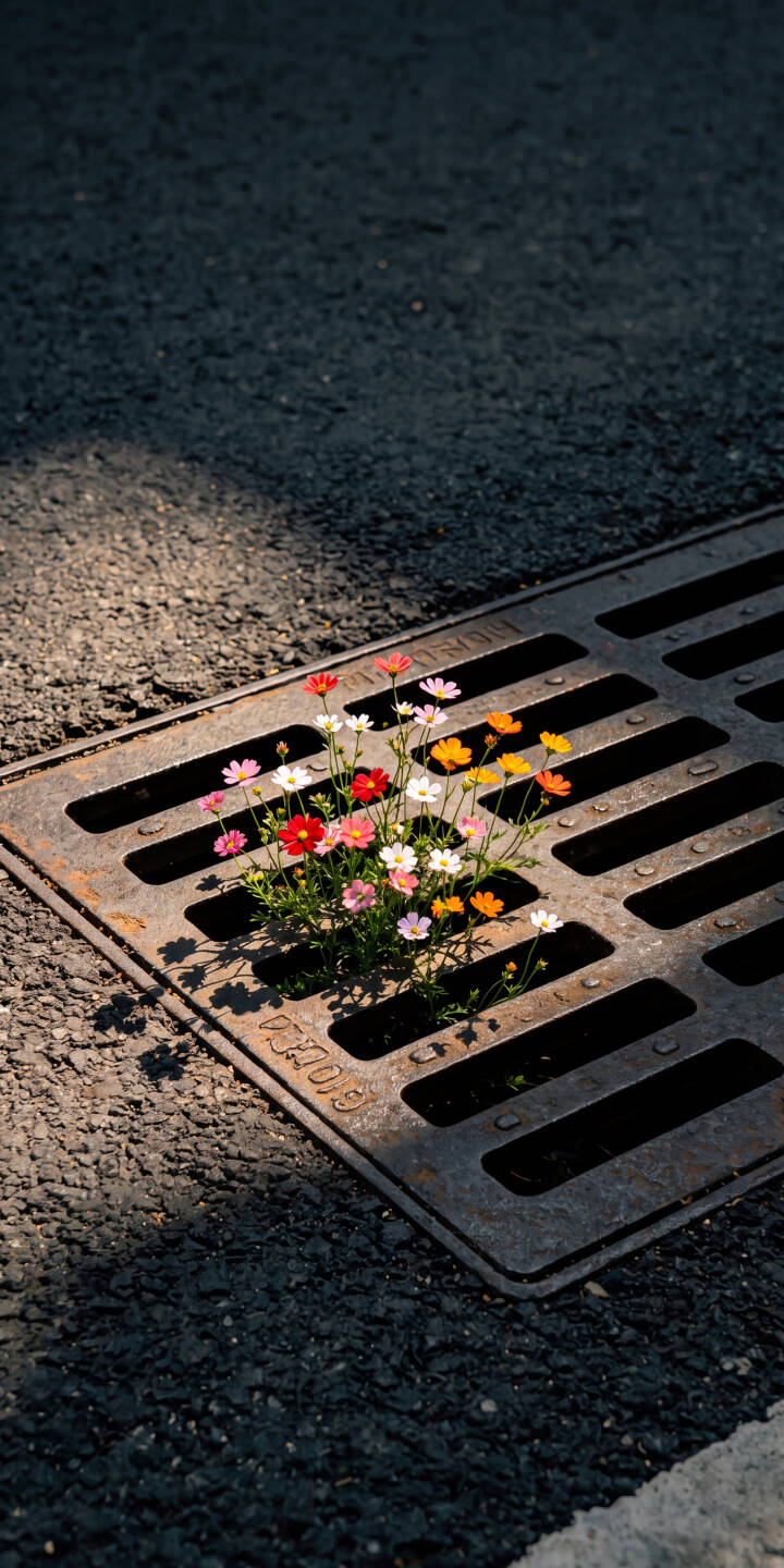 A vibrant burst of red, pink, and yellow wildflowers blossoms through a rusty metal drain grate, bathed in strong sunlight on dark asphalt, creating a striking 4K wallpaper. This resilient nature wallpaper is a beautiful choice for iPhone users looking for a unique display. | aesthetic flowers colorful iphone wallpaper mobile sunlight 4k wallpaper hd wallpaper resilience urban nature drain grate A vibrant burst of red, pink, and yellow wildflowers blossoms through a rusty metal drain grate, bathed in strong sunlight on dark asphalt, creating a striking 4K wallpaper. This resilient nature wallpaper is a beautiful choice for iPhone users looking for a unique display.