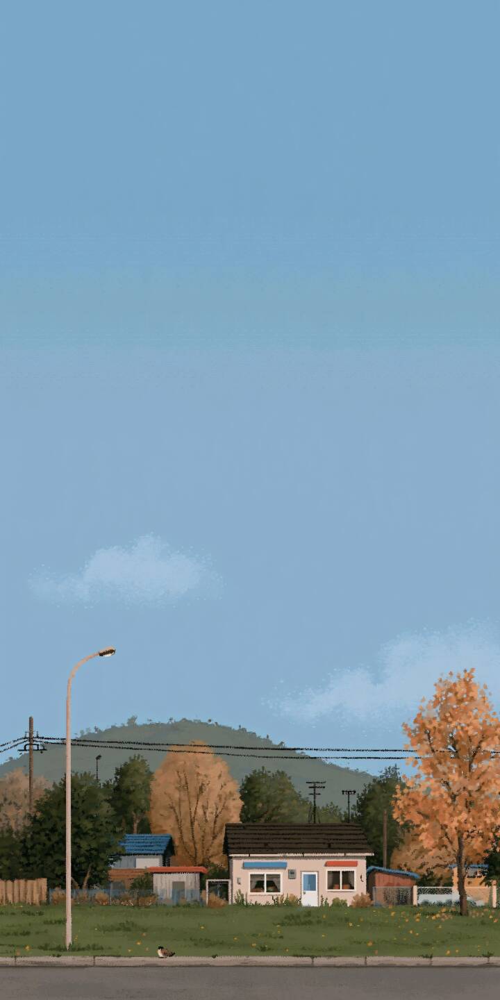 A quiet rural street illustration, a small cozy house sits on the grassland. Autumn colored trees and green hills in the background, soft pale blue sky with faint clouds, tranquil and warm atmosphere. | illustration house mountain autumn street A quiet rural street illustration, a small cozy house sits on the grassland. Autumn colored trees and green hills in the background, soft pale blue sky with faint clouds, tranquil and warm atmosphere.