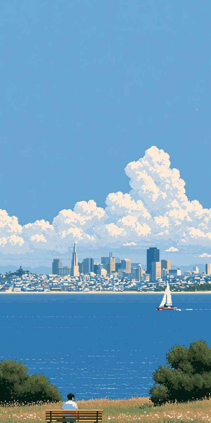 Pixel art scene of a man sitting alone on a wooden bench overlooking the bay. A sailboat glides on the blue water, fluffy cumulus clouds hover above the distant city skyline under clear bright sky. | city sea bench pixel art bay Pixel art scene of a man sitting alone on a wooden bench overlooking the bay. A sailboat glides on the blue water, fluffy cumulus clouds hover above the distant city skyline under clear bright sky.