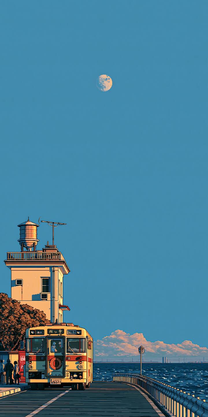 A retro tram stops on the seaside pier beside a lighthouse. A bright moon hangs high in the clear blue sky above the sparkling sea, warm sunset light casting gentle tones over the quiet coastal scene. | sea ocean pixel art pier tram A retro tram stops on the seaside pier beside a lighthouse. A bright moon hangs high in the clear blue sky above the sparkling sea, warm sunset light casting gentle tones over the quiet coastal scene.