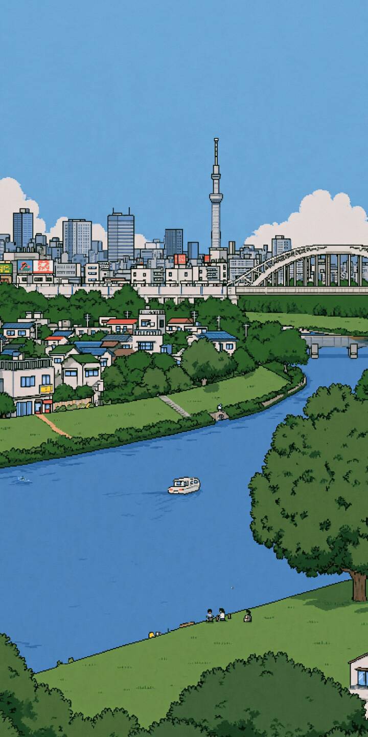 Pixel art overlooking the Tokyo riverside, with Tokyo Skytree rising above the city skyline, a small boat sailing on the blue river, lush green banks and fluffy summer clouds in the clear sky. | city bridge river pixel art skytree Pixel art overlooking the Tokyo riverside, with Tokyo Skytree rising above the city skyline, a small boat sailing on the blue river, lush green banks and fluffy summer clouds in the clear sky.