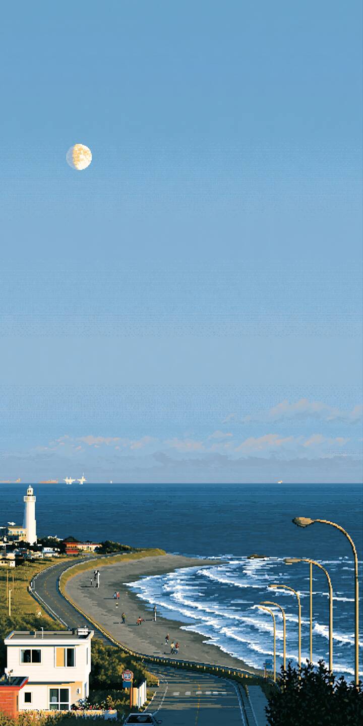 Pixel art scenery of winding coastal highway leading toward the beach. A white lighthouse stands by the blue sea, the bright moon hangs high in the pale blue sky, gentle waves lap the shore, full of nostalgic charm. | moon lighthouse pixel art seaside coastal road Pixel art scenery of winding coastal highway leading toward the beach. A white lighthouse stands by the blue sea, the bright moon hangs high in the pale blue sky, gentle waves lap the shore, full of nostalgic charm.