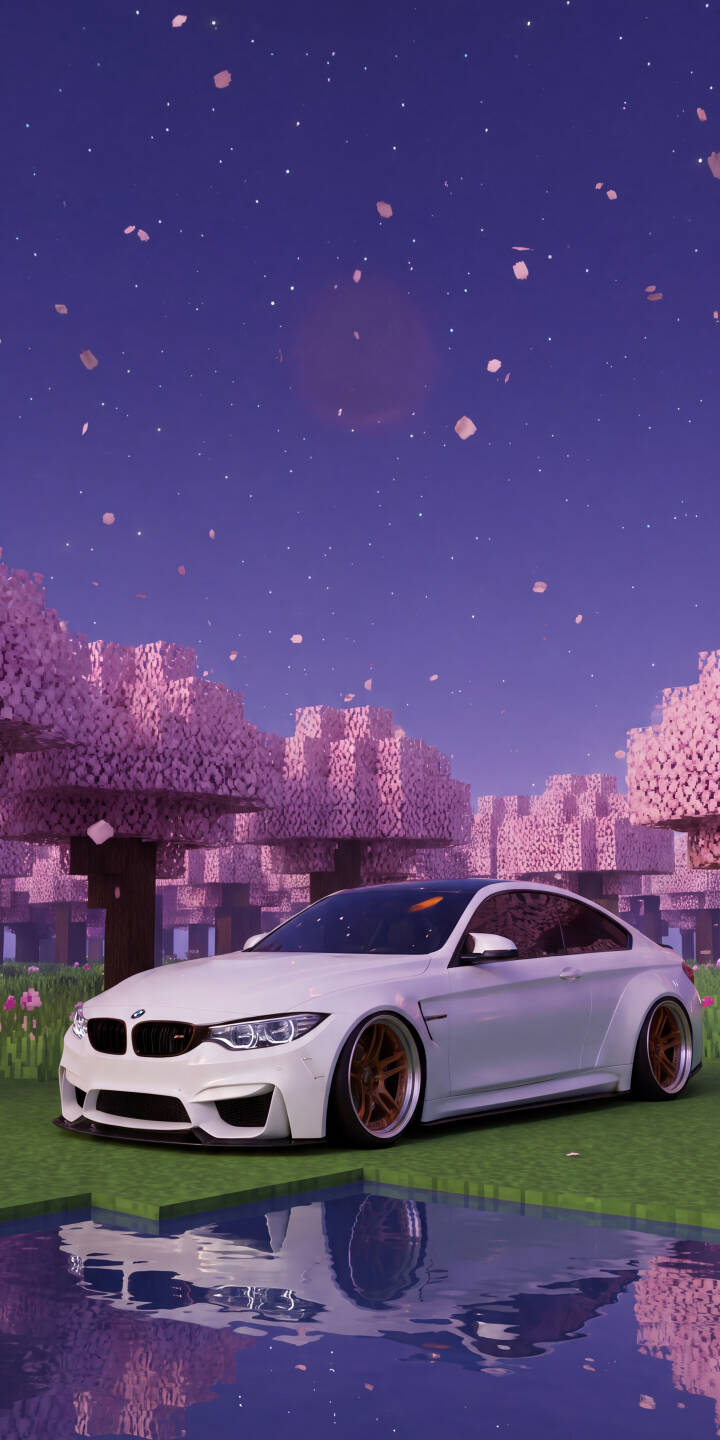 Soft pink cherry blossoms fall gracefully around a pristine white widebody BMW M4, perfectly captured in this serene 4K wallpaper with a pixelated Minecraft-style landscape. This aesthetic automotive wallpaper, featuring a starry purple sky and reflective pond, is a perfect background for your iPhone. | aesthetic car cherry blossom iphone wallpaper bmw m4 mobile pixel art 4k wallpaper hd wallpaper widebody minecraft style Soft pink cherry blossoms fall gracefully around a pristine white widebody BMW M4, perfectly captured in this serene 4K wallpaper with a pixelated Minecraft-style landscape. This aesthetic automotive wallpaper, featuring a starry purple sky and reflective pond, is a perfect background for your iPhone.