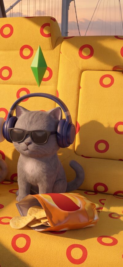 A precious kitten wearing a pink bow and headphones gazes out a window with pink tulips on the seat beside her, captured in stunning 4K detail. This adorable cat wallpaper is perfect as part of a matching iPhone wallpaper set, creating a seamless background with its companion image.