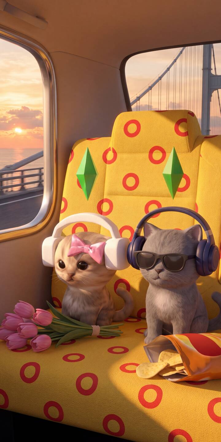 The cool gray cat with shades and blue headphones rides shotgun alongside a sweet kitten wearing a pink bow and white headphones, creating a delightful 4K wallpaper for iPhone. This charming car ride wallpaper, set against a stunning sunset, is perfect for any mobile device. | aesthetic sunset cute iphone cats wallpaper mobile headphones 4k wallpaper hd wallpaper kittens car ride The cool gray cat with shades and blue headphones rides shotgun alongside a sweet kitten wearing a pink bow and white headphones, creating a delightful 4K wallpaper for iPhone. This charming car ride wallpaper, set against a stunning sunset, is perfect for any mobile device.
