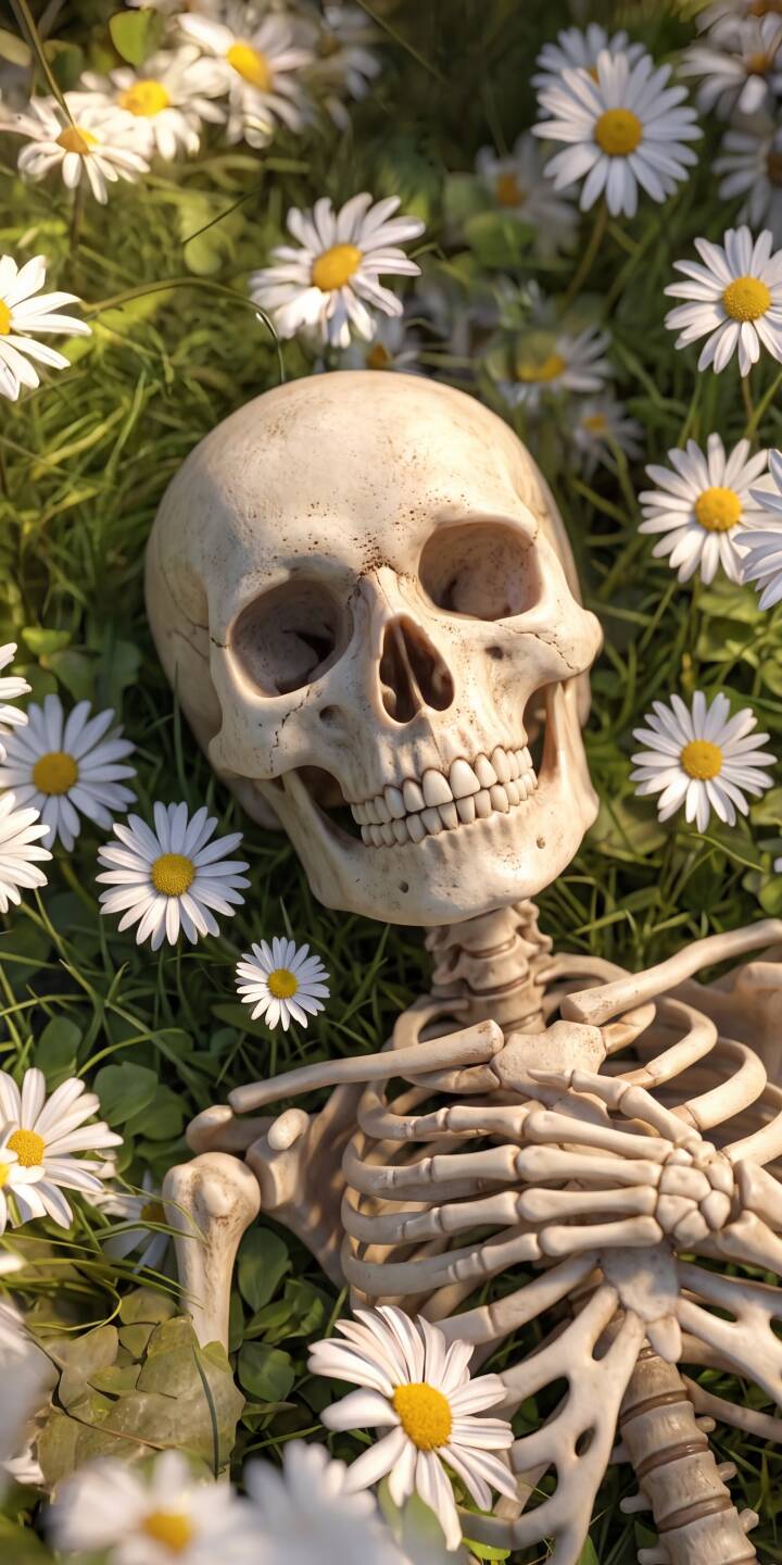 White daisy petals softly frame a weathered human skull and ribcage, nestled serenely in lush green grass in this poignant 4K wallpaper. This unique composition offers a striking blend of life and death, creating a profound wallpaper for your iPhone. | skeleton skull iphone nature wallpaper bones mobile 4k wallpaper hd wallpaper daisies macabre serene White daisy petals softly frame a weathered human skull and ribcage, nestled serenely in lush green grass in this poignant 4K wallpaper. This unique composition offers a striking blend of life and death, creating a profound wallpaper for your iPhone.