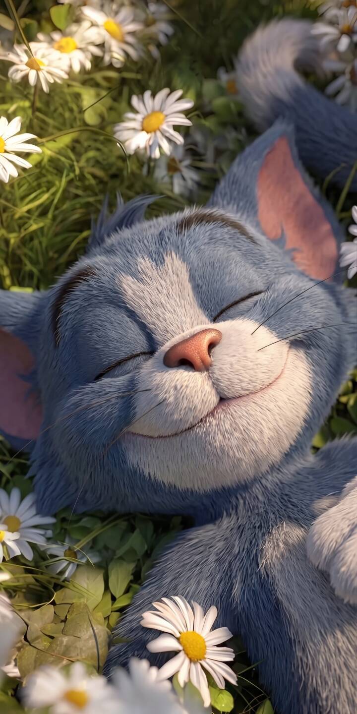 A fluffy blue-grey cat with a serene, closed-eye smile relaxes amidst a field of white daisies and lush green grass in this charming 4K wallpaper. This delightful wallpaper is perfect for personalizing your iPhone with a touch of peaceful cuteness. | cat animated cute iphone tom wallpaper mobile peaceful 4k wallpaper hd wallpaper cartoon cat daisies A fluffy blue-grey cat with a serene, closed-eye smile relaxes amidst a field of white daisies and lush green grass in this charming 4K wallpaper. This delightful wallpaper is perfect for personalizing your iPhone with a touch of peaceful cuteness.