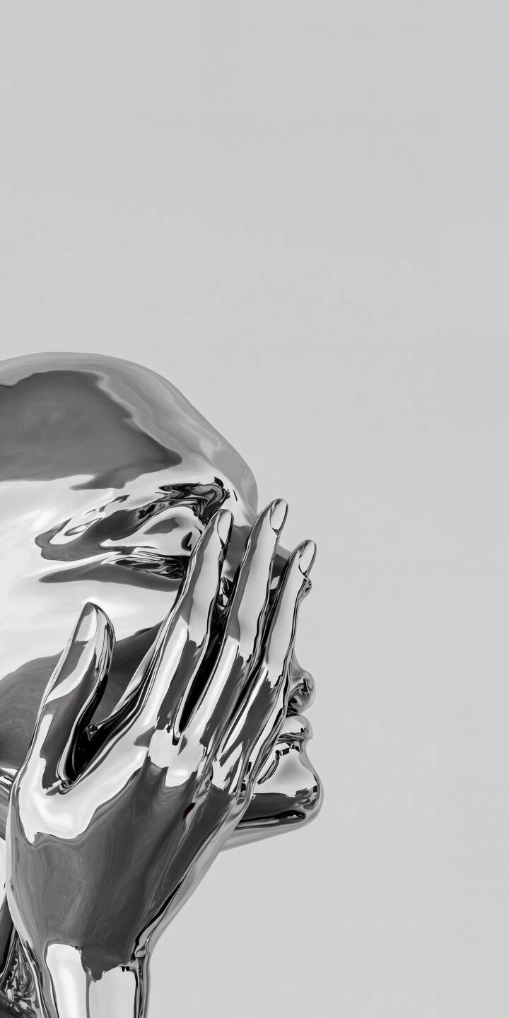 The highly polished chrome surface of this abstract figure covers its face with a matching metallic hand in this stunning 4K wallpaper. This sleek, reflective art is a striking wallpaper for iPhone users seeking modern aesthetics. | silver chrome iphone abstract minimalist wallpaper mobile metallic 4k wallpaper hd wallpaper reflective modern art The highly polished chrome surface of this abstract figure covers its face with a matching metallic hand in this stunning 4K wallpaper. This sleek, reflective art is a striking wallpaper for iPhone users seeking modern aesthetics.