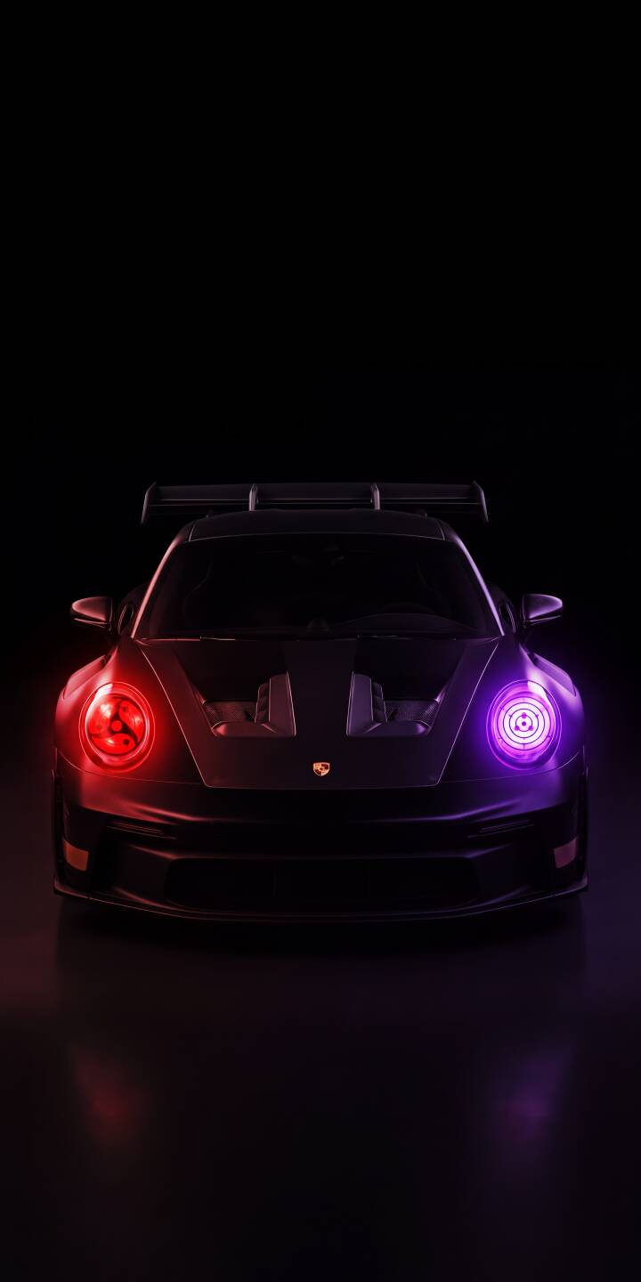 Glowing red and purple headlights illuminate the dark, matte finish of this striking Porsche GT3 in a minimalist black setting, making for an epic 4K wallpaper — a perfect mobile wallpaper for iPhone enthusiasts. | sports car dark neon iphone porsche gt3 cyberpunk wallpaper mobile 4k wallpaper hd wallpaper automotive Glowing red and purple headlights illuminate the dark, matte finish of this striking Porsche GT3 in a minimalist black setting, making for an epic 4K wallpaper — a perfect mobile wallpaper for iPhone enthusiasts.