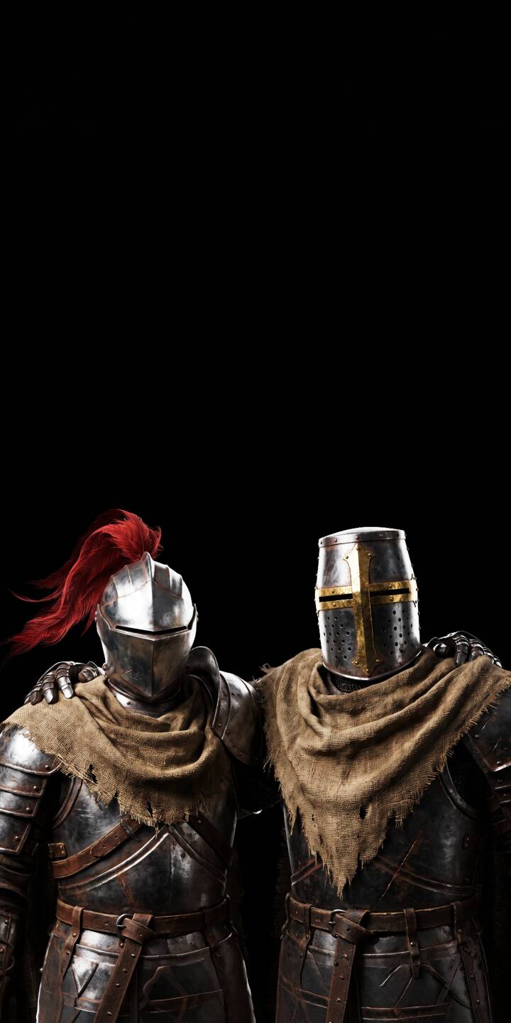 A knight with a striking red plume affectionately rests his arm on his armored companion, showcasing medieval comradeship in this detailed 4K wallpaper. Perfect for your iPhone, this wallpaper features intricate plate armor and worn cloaks against a stark dark background. | armor medieval iphone wallpaper mobile 4k wallpaper hd wallpaper crusader epic brotherhood dark fantasy knights A knight with a striking red plume affectionately rests his arm on his armored companion, showcasing medieval comradeship in this detailed 4K wallpaper. Perfect for your iPhone, this wallpaper features intricate plate armor and worn cloaks against a stark dark background.