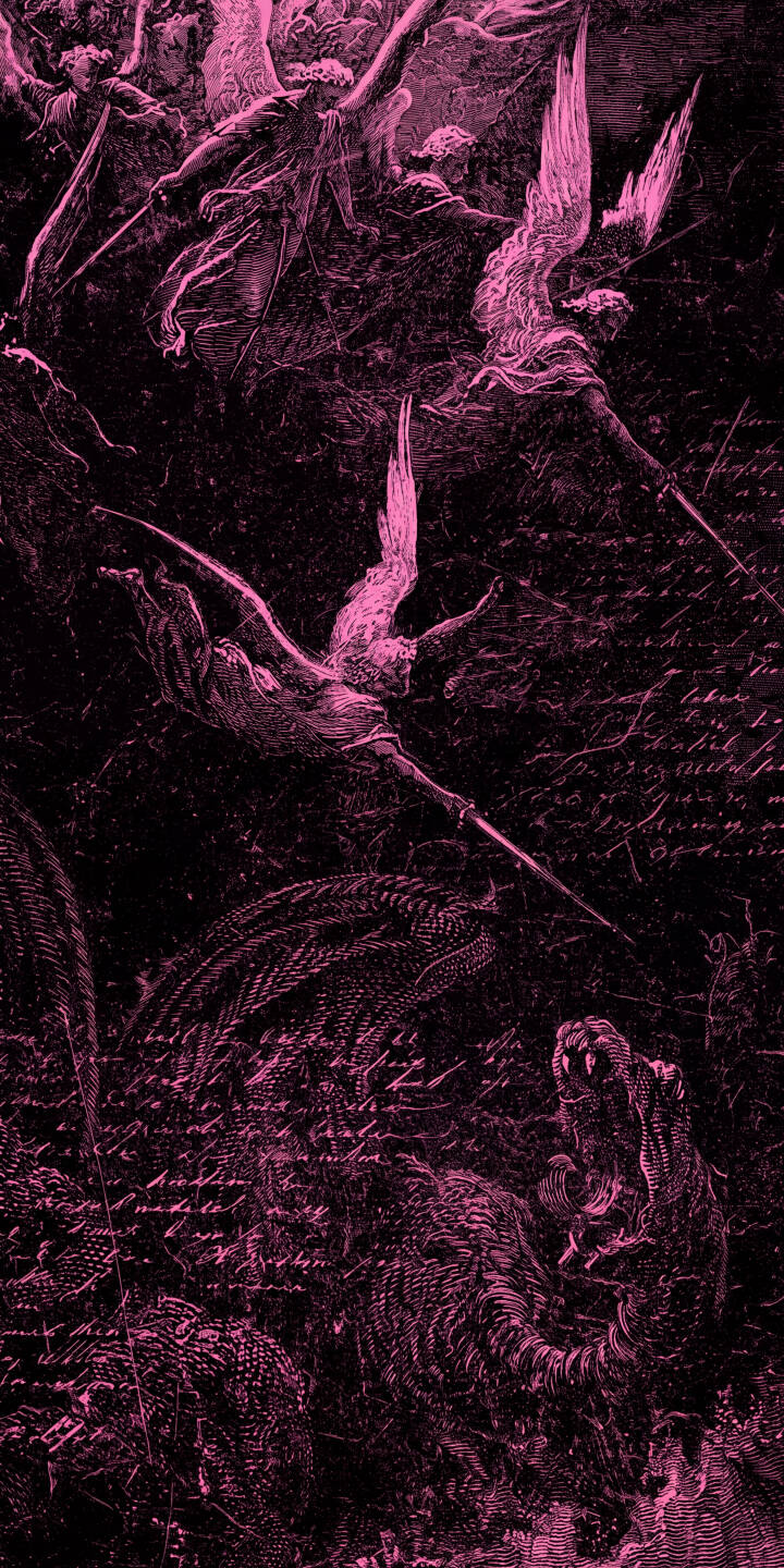 Razor-sharp claws and a gaping maw define the monstrous beast being impaled by a fallen angel's spear in this dramatic pink and black 4K gothic wallpaper, an intense wallpaper for iPhone enthusiasts. | pink angel dragon gothic iphone baroque wallpaper mobile 4k wallpaper hd wallpaper dark fantasy engraving Razor-sharp claws and a gaping maw define the monstrous beast being impaled by a fallen angel's spear in this dramatic pink and black 4K gothic wallpaper, an intense wallpaper for iPhone enthusiasts.