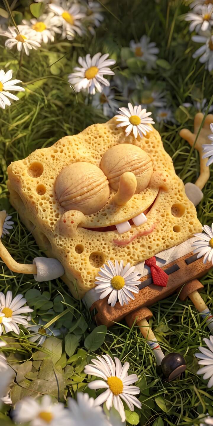 Spongebob Squarepants features a wonderfully detailed, porous texture as he lies relaxed and smiling amidst a vibrant field of green grass and white daisies in this charming 4K wallpaper. This delightful wallpaper is perfect for personalizing your iPhone with a touch of Bikini Bottom cheer. | cartoon spongebob iphone nature happy wallpaper mobile spongebob squarepants 4k wallpaper hd wallpaper daisies 3d art Spongebob Squarepants features a wonderfully detailed, porous texture as he lies relaxed and smiling amidst a vibrant field of green grass and white daisies in this charming 4K wallpaper. This delightful wallpaper is perfect for personalizing your iPhone with a touch of Bikini Bottom cheer.