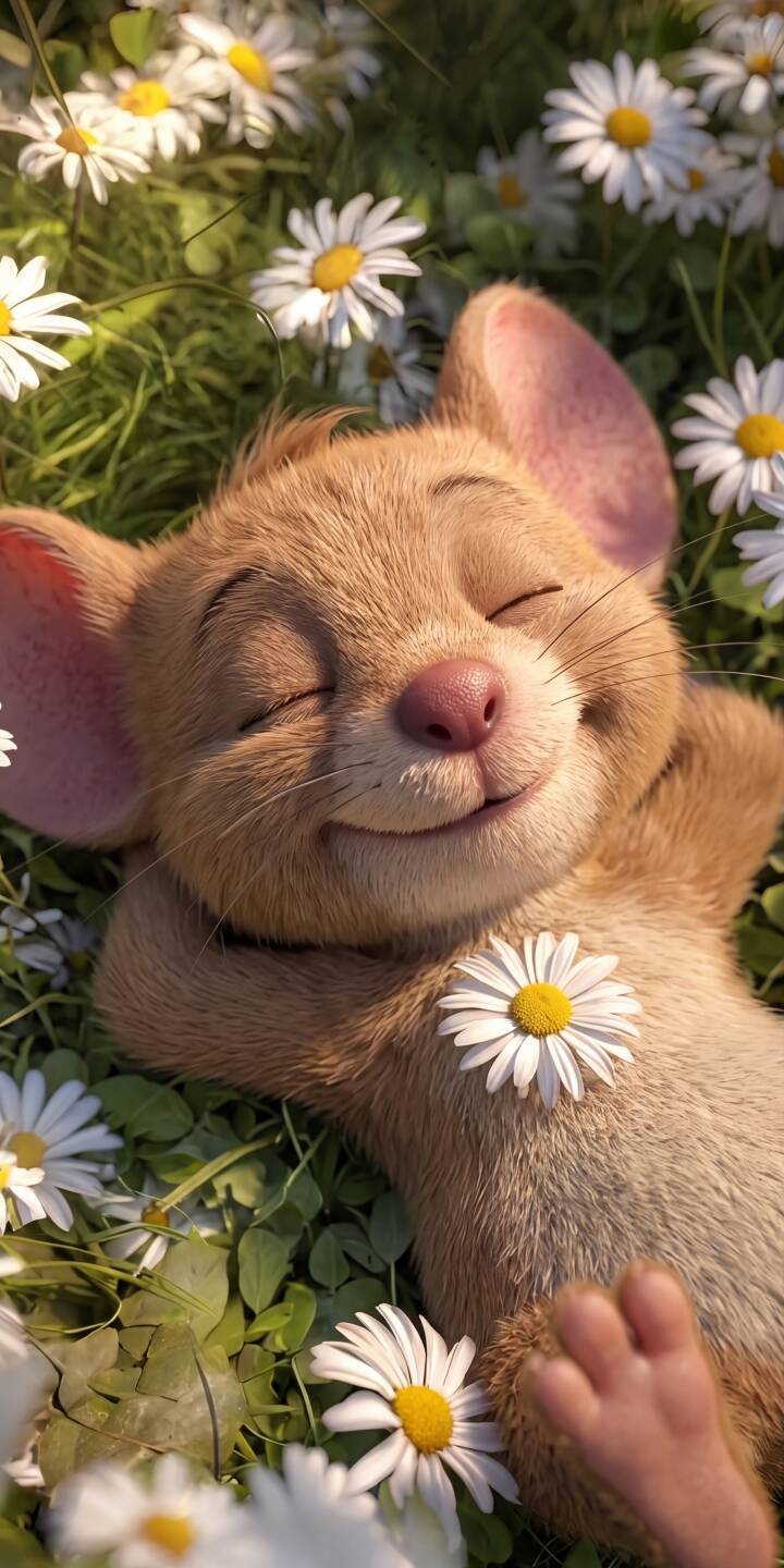 A fluffy, adorable mouse character rests peacefully with closed eyes and a contented smile, nestled amongst bright white daisies in this charming 4K wallpaper – a perfect tranquil wallpaper for iPhone. | cartoon animal mouse iphone nature wallpaper mobile peaceful 4k wallpaper hd wallpaper daisies cute mouse A fluffy, adorable mouse character rests peacefully with closed eyes and a contented smile, nestled amongst bright white daisies in this charming 4K wallpaper – a perfect tranquil wallpaper for iPhone.