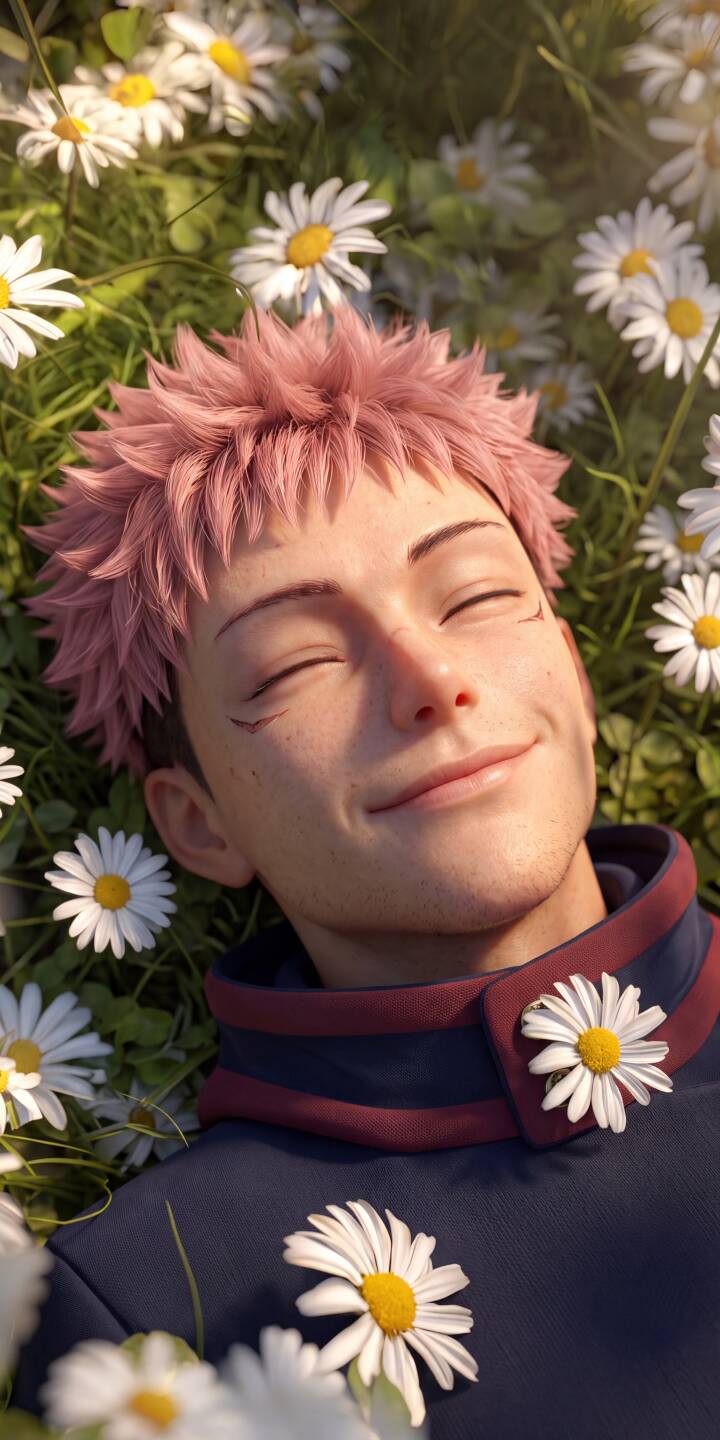 A peaceful smile graces Itadori Yuji's face as he lies contentedly amidst a vibrant field of white daisies in this beautiful 4K wallpaper. This charming image, bathed in warm light, is an ideal wallpaper for iPhone users. | flowers anime iphone yuji wallpaper mobile 4k wallpaper hd wallpaper daisies itadori jujutsu kaisen serene A peaceful smile graces Itadori Yuji's face as he lies contentedly amidst a vibrant field of white daisies in this beautiful 4K wallpaper. This charming image, bathed in warm light, is an ideal wallpaper for iPhone users.