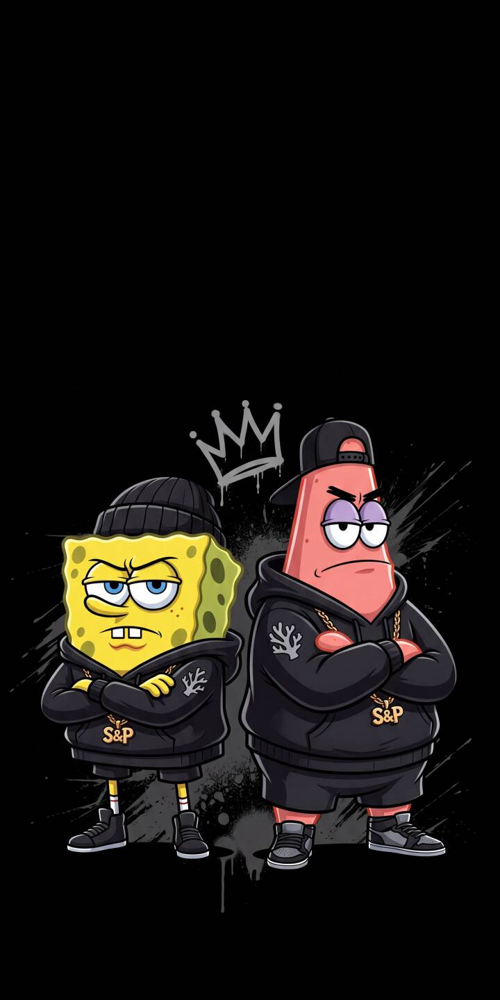 Spongebob and Patrick glare with arms crossed, sporting matching black hoodies, gold chains, and caps against a cool gray splatter background, making this a unique 4K wallpaper for iPhone. This iconic duo's street style makes an awesome mobile wallpaper. | cartoon duo aesthetic spongebob patrick iphone wallpaper hip hop mobile 4k wallpaper hd wallpaper street style Spongebob and Patrick glare with arms crossed, sporting matching black hoodies, gold chains, and caps against a cool gray splatter background, making this a unique 4K wallpaper for iPhone. This iconic duo's street style makes an awesome mobile wallpaper.